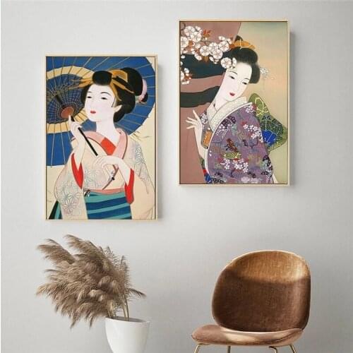 Japanese Style Vintage Fashion Geisha Canvas Painting Kimono Women Wall Art Poster and Print Picture for Living Room Home Decor