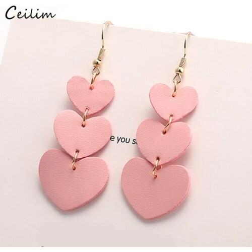 Classic Coloful Love Heart Dangle Earrings Cute Red Black Pink Long Leather Earring For Women Gift Fashion Bohemian Jewelry