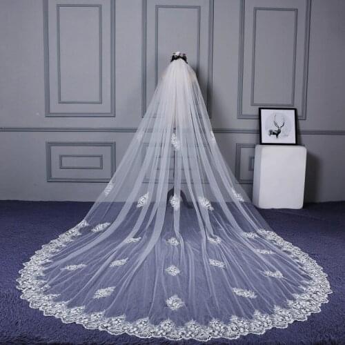New 3M Long Ivory Appliqued Lace Soft Tulle Cathedral Wedding Veil Bridal Veil With Comb