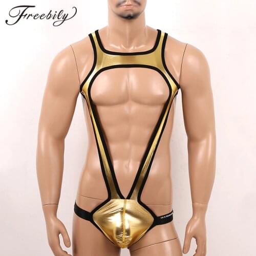 Men Undershirts Shiny Metallic Jumpsuit One-piece Wrestling Singlet Leotard Open Butt Briefs Bulge Pouch Jockstrap Gay Underwear