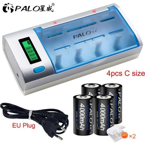 Multi-function LCd display aa aaa sc c d battery charger with 4 pcs c size 4000mah rechargeable battery