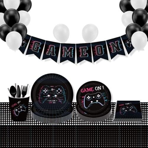 Boys Birthday Party Decorations Sets Hat Game Theme Plates Napkins Cups Disposable Tableware Kids Happy Birthday Party Favors