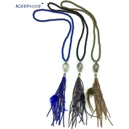 New Handmade 108 Rosary Wood Beaded Long Necklace Leather Tassel Buddha Pendent Necklace Tibetan Buddha Buddhism Indian Necklace