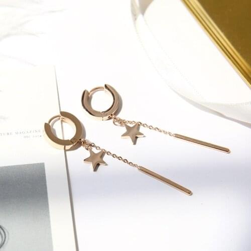 YUN RUO 2018 New Arrivals Star Tassel Hoop Earring Rose Gold Color Woman Girl Birthday Gift Party Titanium Steel Jewelry No Fade