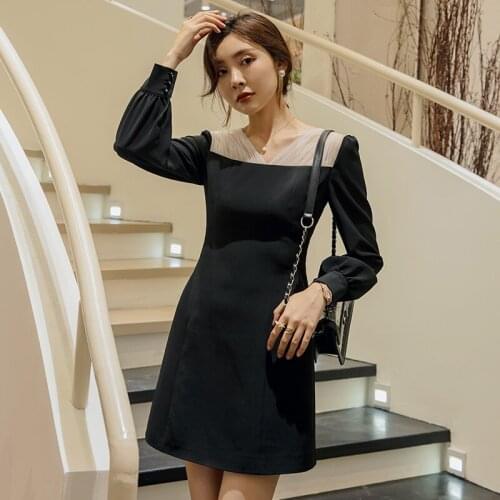 YIGELILA New Arrivals Black Dress Long Sleeves Above-knee Mini Elegant Dress A-line Patchwork Lantern Sleeves Dress 65207