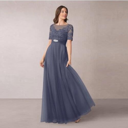 Charming 2021 Navy Lace Applique Latest Mother of the Bride Dresses Bateau Neck Back Out Wedding Party Gowns Short Sleeves Char