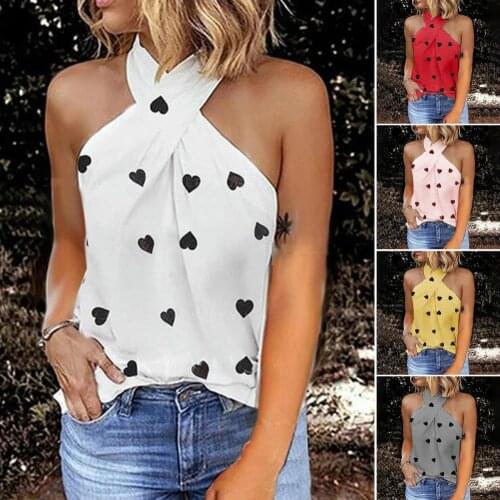Sexy Women Vest Sleeveless Heart Printed Back Zipper Halter Blouse T-shirt for Daily Wear