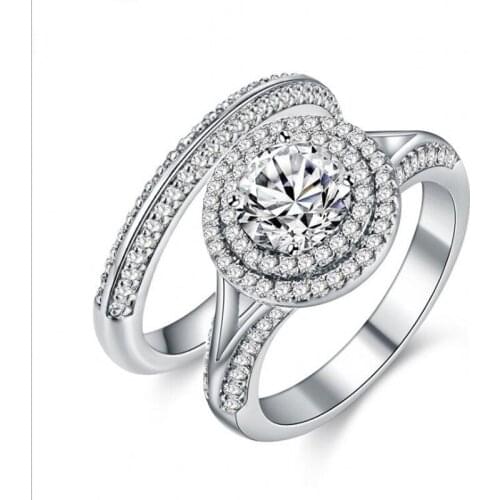 Luxury Jewelry 925 Sterling Silver Round Cut 5A Cubic Zirconia Promise Wedding Bridal Ring Gift Couple Engagement Band Ring