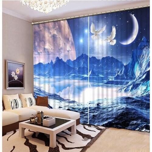 Moonlight curtains Scenery Beauty Digital Photo Printing Blackout 3D Curtains for Living Room blue curtains