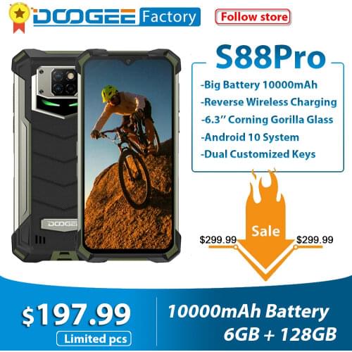 DOOGEE S88 Pro 10000mAh IP68/IP69K Rugged Mobile Phone 6.3'' FHD+ Helio P70 Octa Core 6GB RAM 128GB ROM Smartphone