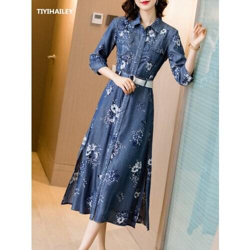 TIYIHAILEY Free Shipping Fashion Denim Dresses Women Long Mid-calf Half Sleeve S-XL Vintage Jeans Print Denim Dresses With Belt