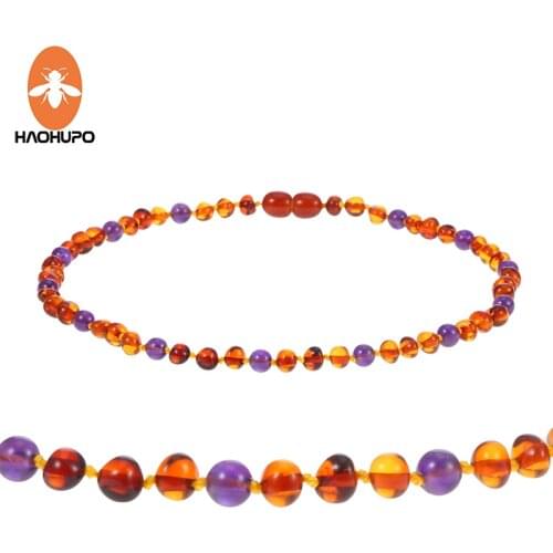 HAOHUPO Amber Teething Necklace Knotted Mix Round Natural Gemstone Beads Polished Natural Baltic Amber Jewelry for Baby Women