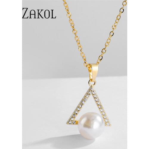 ZAKOL Fashion Cubic Zircon & Imitation Pearls Link Chain Pendant Necklaces for Women Wedding Anniversary Jewelry NP2227