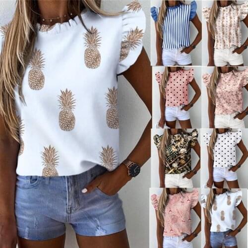 Women clothing Europe and the United States 2021 burst summer lotus edge short sleeve round neck pineapple print womens shirt