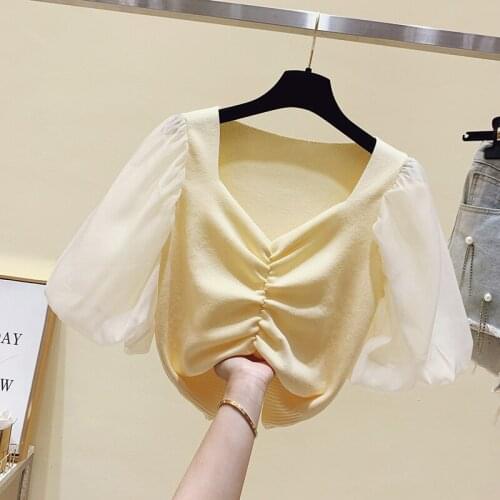 2021 Summer Short Sleeve Fashion Folds Puff sleeve T-shirts Top Ice silk knitting T Shirt Womens T-Shirt short Sexy t shirt