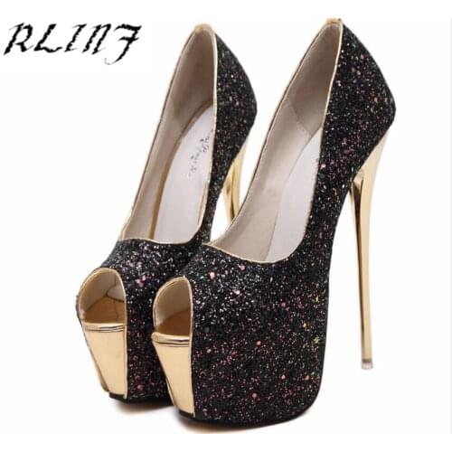 RLINF Bling Giltter Platform 16.5CM Woman 2018 New Fashion 16CM High-heeled Fine with Black Single Shoes Women Waterproof Shoes