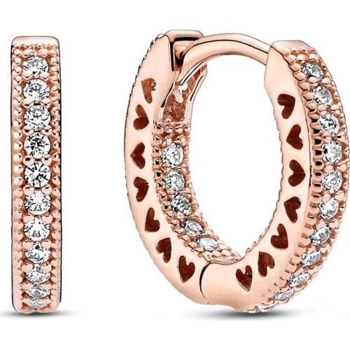 Original 925 Sterling Silver Earring Rose Signature Rose Sparkling Heart Hoop Earrings For Women Gift Fine Europe Jewelry