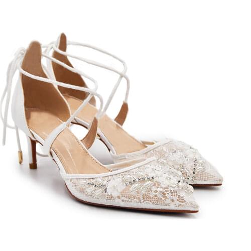 TOPQUEEN A03 Strappy Bride Wedding Shoes Embroidery Lace Sandals Heels Shoes White Womens Dress Party Pumps Pinkage
