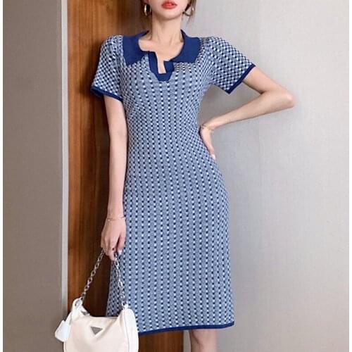 Women Short Sleeve Turn-down Collar Vintage Bodycon Dresses Summer Korean Casual Plaid Knitting Sweater Knee-Length Dress
