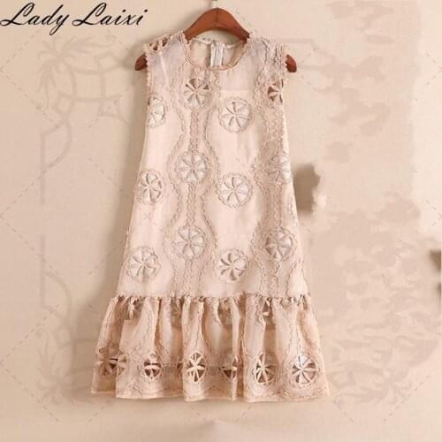 New Arrival Summer High quality Elegant Floral Embroidery Hollow Out Lace Crochet Ruffles Womens Sleeveless Mini Dress Vestido