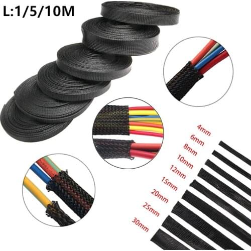 1/5/10/M Black Insulated Braid Sleeving 2/4/6/8/10/12/15/20/25mm Tight PET Wire Cable Gland Protection Cable Sleeve
