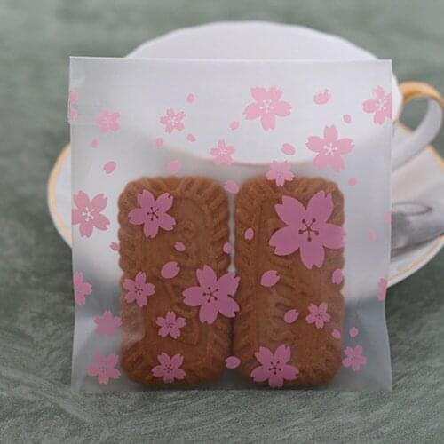 100pcs Matte Flower Pattern Plastic Bag Transparent Gift Bags Self-adhesive Seal Pouch for Candy Cookie Dessert Packaging (Pink)