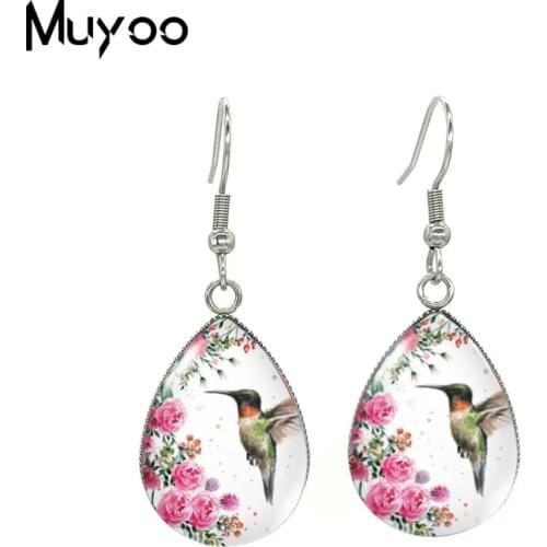 2020 New Hummingbird Earring Tear drop Earring Dancing hummingbirds Glass Dome Photo Jewelry Bird Art Earrings