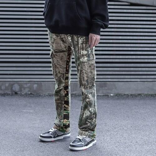 Camouflage Leopard Print Color Block Mens Cargo Pants Retro Pockets Straight Oversize Casual Overalls Loose Hip Hop Trousers