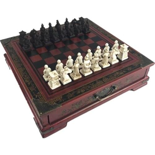 Wood Chess Chinese Retro Terracotta Warriors Chess Wood Do old Carving Resin Chessman Christmas Birthday Premium Gift