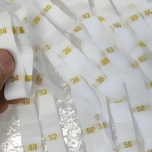 Golden number sizes labels 50PCS White damask polyester clothing size label 30 32 34 36 38 40 42 44 46 48 50 52 54 56 58 60 62