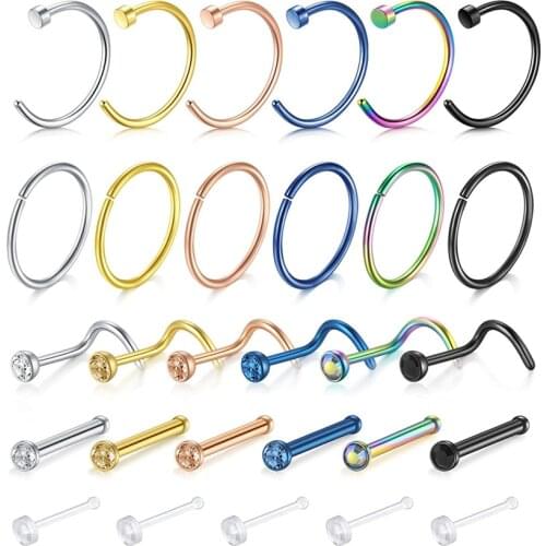 Nose Hoop Rings Nose Screw Stud L Shape Curved Bars Stainless Steel Piercing Jewellery Set 18 Gauge