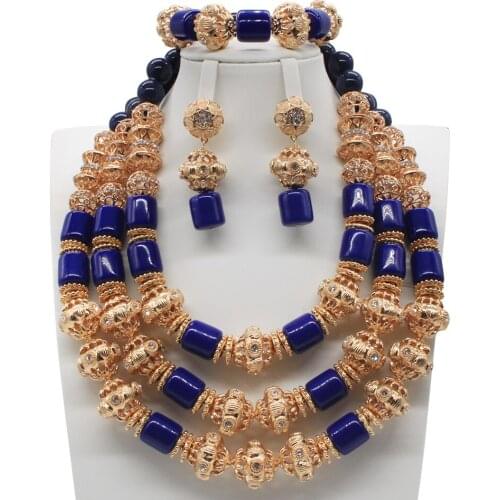 Blue Costume Necklace African Jewelry Set 3 Layers Dubai Gold Nigerian Wedding Beads Necklace Set WD961