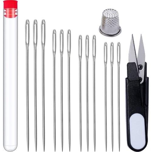 Imazy 12 Pcs Large Eye Needles Cross Stitch Needles Household Sewing Scissors Thimble Handmade Sewing Tools