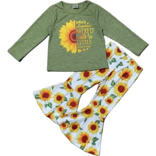 Girlymax Autumn Fall Baby Girls She is Sunshine Sunflower Print Milk Silk Bell-bottoms Pants Set Kids Clothing