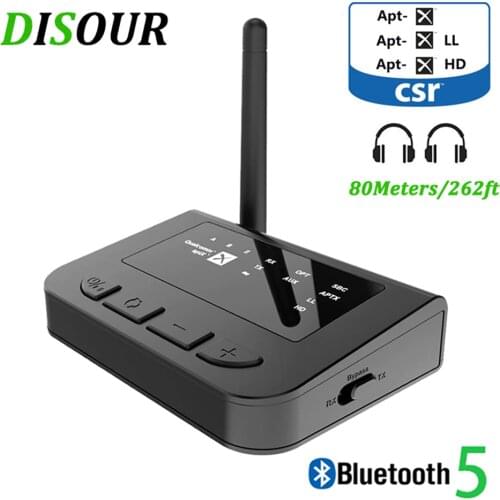 262ft/80m Long Range Bluetooth 5.0 Transmitter Receiver 3 in 1 Wireless Audio Adapter Low Latency aptX HD Spdif RCA AUX 3.5mm TV