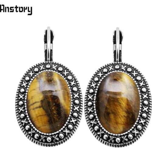 Natural Tiger Eye Stone Earrings Vintage Pendant Earrings For Women Antique Silver Plated Stone Fashion Jewelry