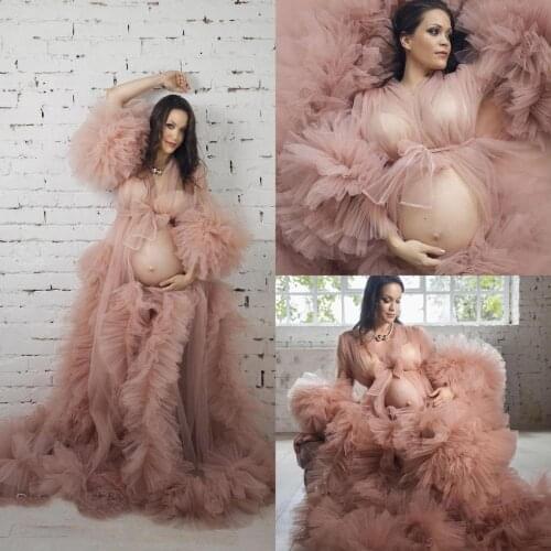 Rose Pink Ruffles Maternity Dresses A Line Maternity Gown for Photoshoot Boudoir Lingerie Robe Bathrobe Nightwear Babydoll
