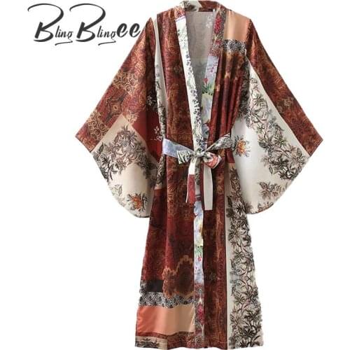 BlingBlingee Random Print Kimono Shirts Extreme Sleeve Mid Length Summer Casual Beach Women Long Cardigan Belted Loose Shirt