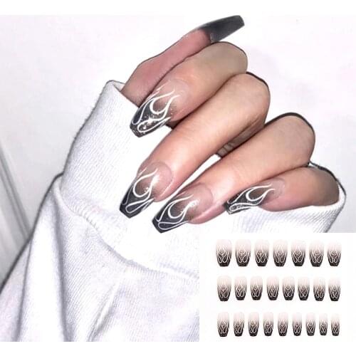 24pcs Detachable False Nails Black Flame Ballerina Wearable Fake Nails Full Cover Nail Tips nail decoration Nail Art Accessories