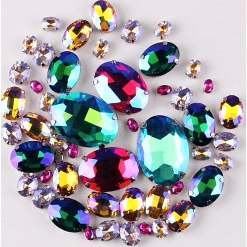 Silver claw setting Oval shape 7 sizes mix 50pcs/bag glass crystal sew on rhinestone beads wedding dress shoes bags diy trim