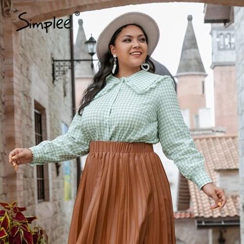 Simplee Autumn Doll Collar Casual Women Plus Size Blouse Gingham Square Green Ladies Loose Top Regular Sleeves Female Blouse