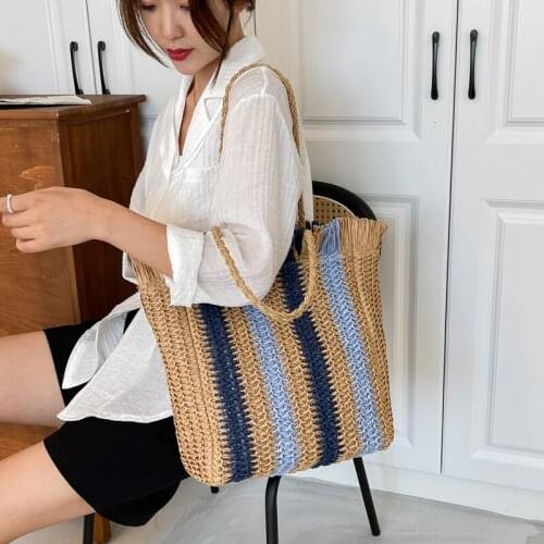 Striped Beach Straw Bag Large Capacity Shoulder Bag For Women Handmade Woven Handbag Raffia Rattan Bag Vacation Casual Tote Bag