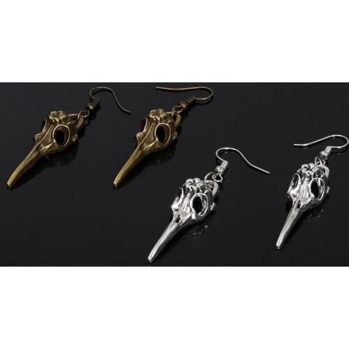 Vintage raven skull head dangle earring for women female girls witch goth gothic crow skull head drop hanging earring halloween