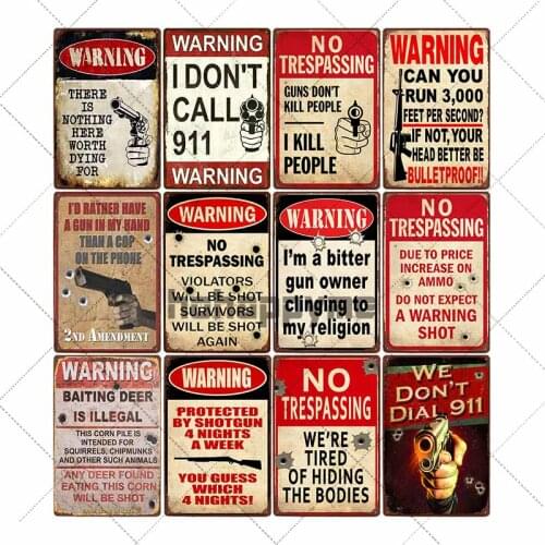 Vintage Gun Warning Plaque Retro Metal Tin Signs NO TRESPASSING Poster Coffee Bar Pub Club Decoration Home Decor 20x30cm