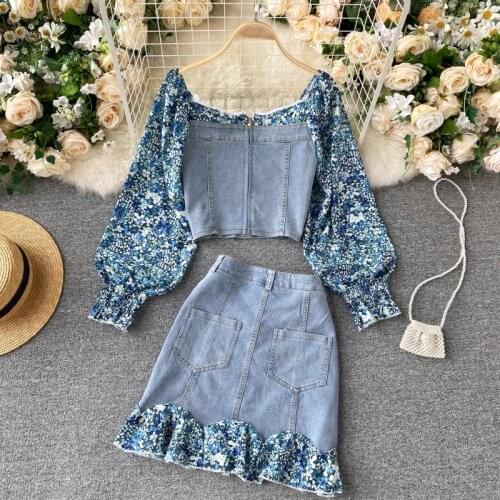 Womens Spring Summer Runway Fashion Flower Patchwork 2 Pcs Denim Dress Female High Waist ChicShort Jean Dress TB1810