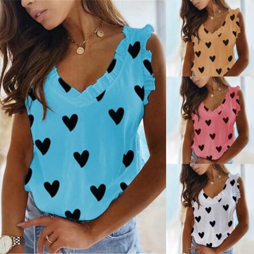 Women Vest Summer Tops Heart Print Sleeveless V Neck Ruffle Loose Oversized T-shirt Summer party Streetwear