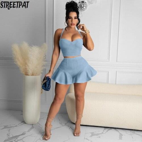 2021 summer shorts suit denim fabric bandage vest + wide leg shorts sexy women set