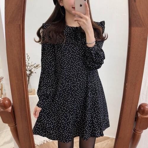 Flectit Polka Dot Mini Dress Long Sleeve Ruffled Collar Cute Dress Autumn Spring Korean Women Outfit