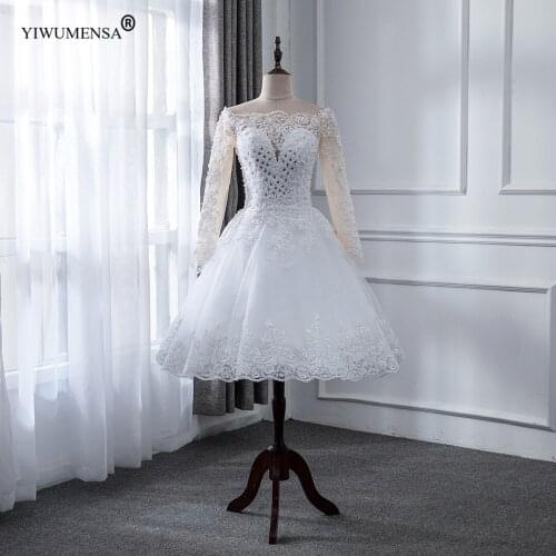 A4 Factory Customized Knee Length Boat Neck Short Wedding Dress Elegant Long Sleeves Pearls Beaded Skin Tulle Bride Dresses 2020
