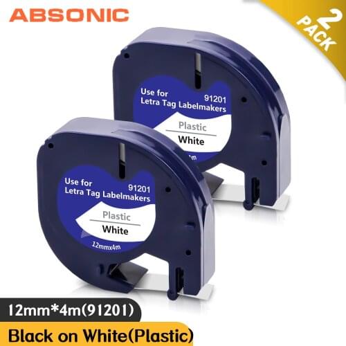 Absonic 2PK 91201 Label Tapes 91221 Compatible Dymo LT Label Maker 91331 12mm Black on White for Dymo Letratag Tape LT110T XR